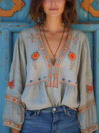 Kerstin | Damen Lässige Boho V-Ausschnitt Bluse