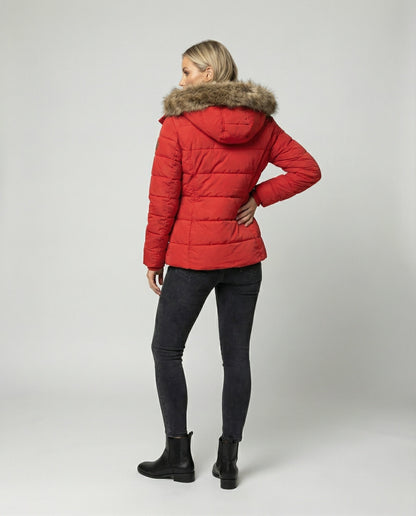 Julia | Damen Gesteppte Winterjacke mit Kapuze und Fellbesatz