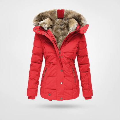 Julia | Damen Gesteppte Winterjacke mit Kapuze und Fellbesatz