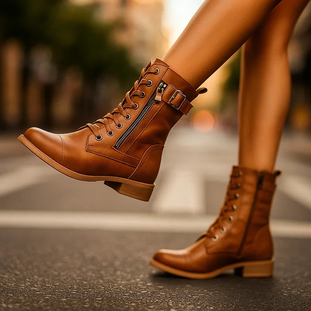 Katharina | Damen Geschnürte Biker-Stiefel mit Schnalle