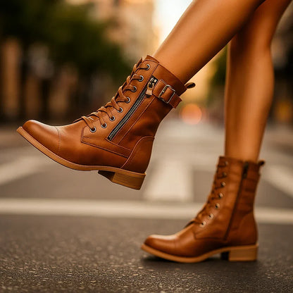Katharina | Damen Geschnürte Biker-Stiefel mit Schnalle