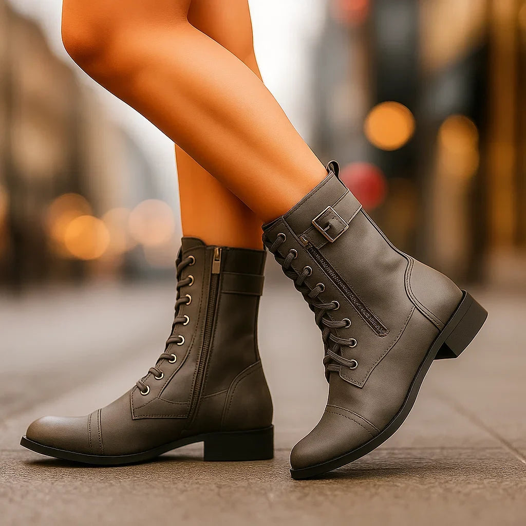 Katharina | Damen Geschnürte Biker-Stiefel mit Schnalle