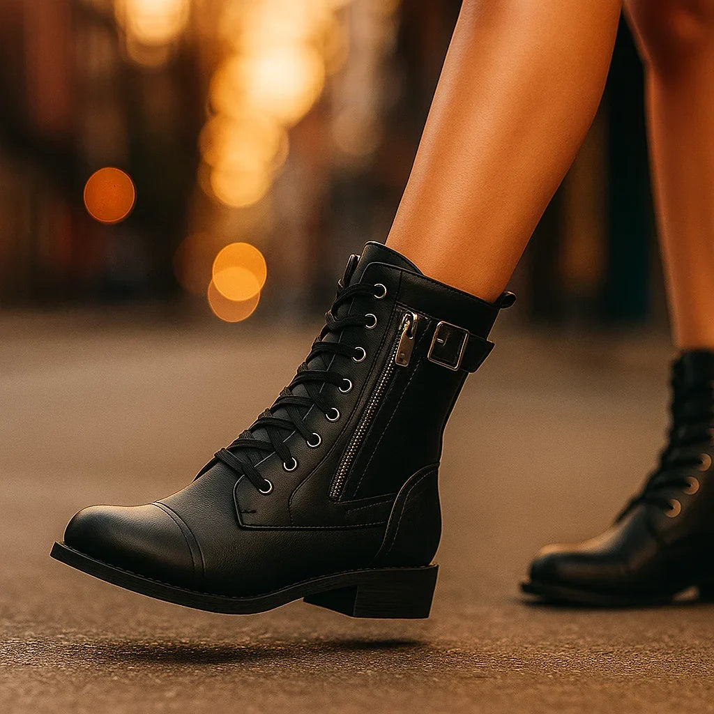 Katharina | Damen Geschnürte Biker-Stiefel mit Schnalle