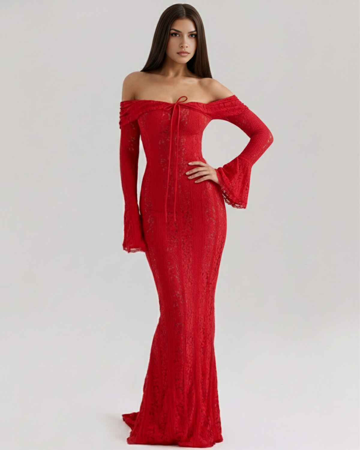 Lea | Damen Figurbetontes Off-Shoulder Maxi Hochzeitsgast Kleid
