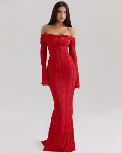 Lea | Damen Figurbetontes Off-Shoulder Maxi Hochzeitsgast Kleid