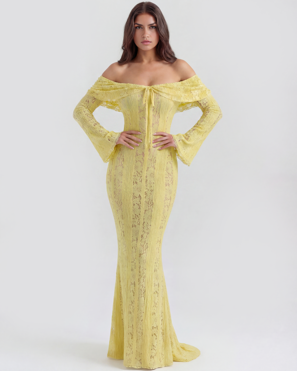 Lea | Damen Figurbetontes Off-Shoulder Maxi Hochzeitsgast Kleid