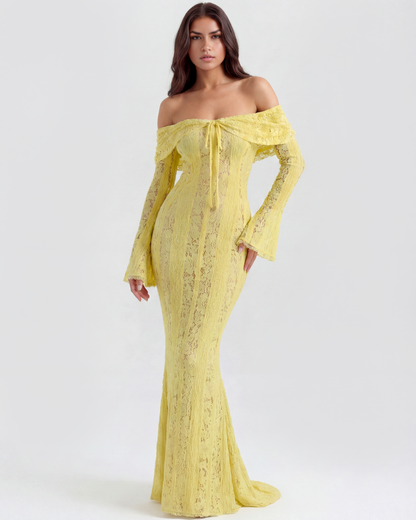 Lea | Damen Figurbetontes Off-Shoulder Maxi Hochzeitsgast Kleid