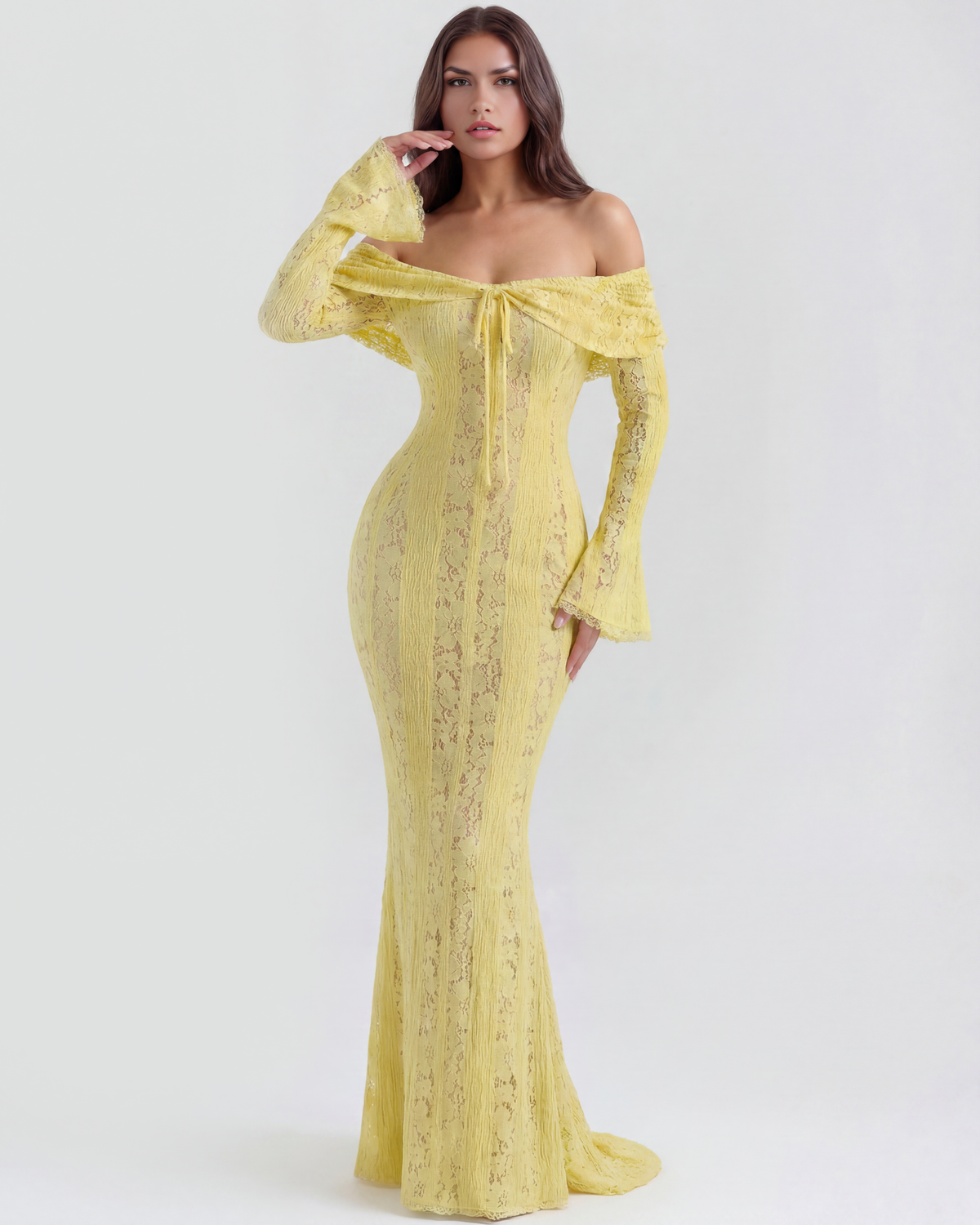 Lea | Damen Figurbetontes Off-Shoulder Maxi Hochzeitsgast Kleid