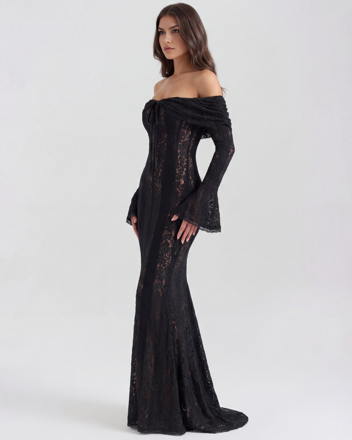 Lea | Damen Figurbetontes Off-Shoulder Maxi Hochzeitsgast Kleid