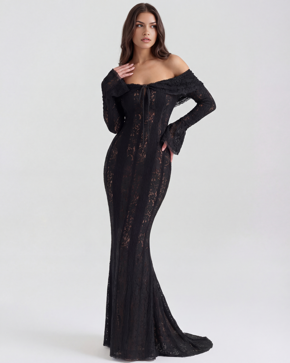 Lea | Damen Figurbetontes Off-Shoulder Maxi Hochzeitsgast Kleid