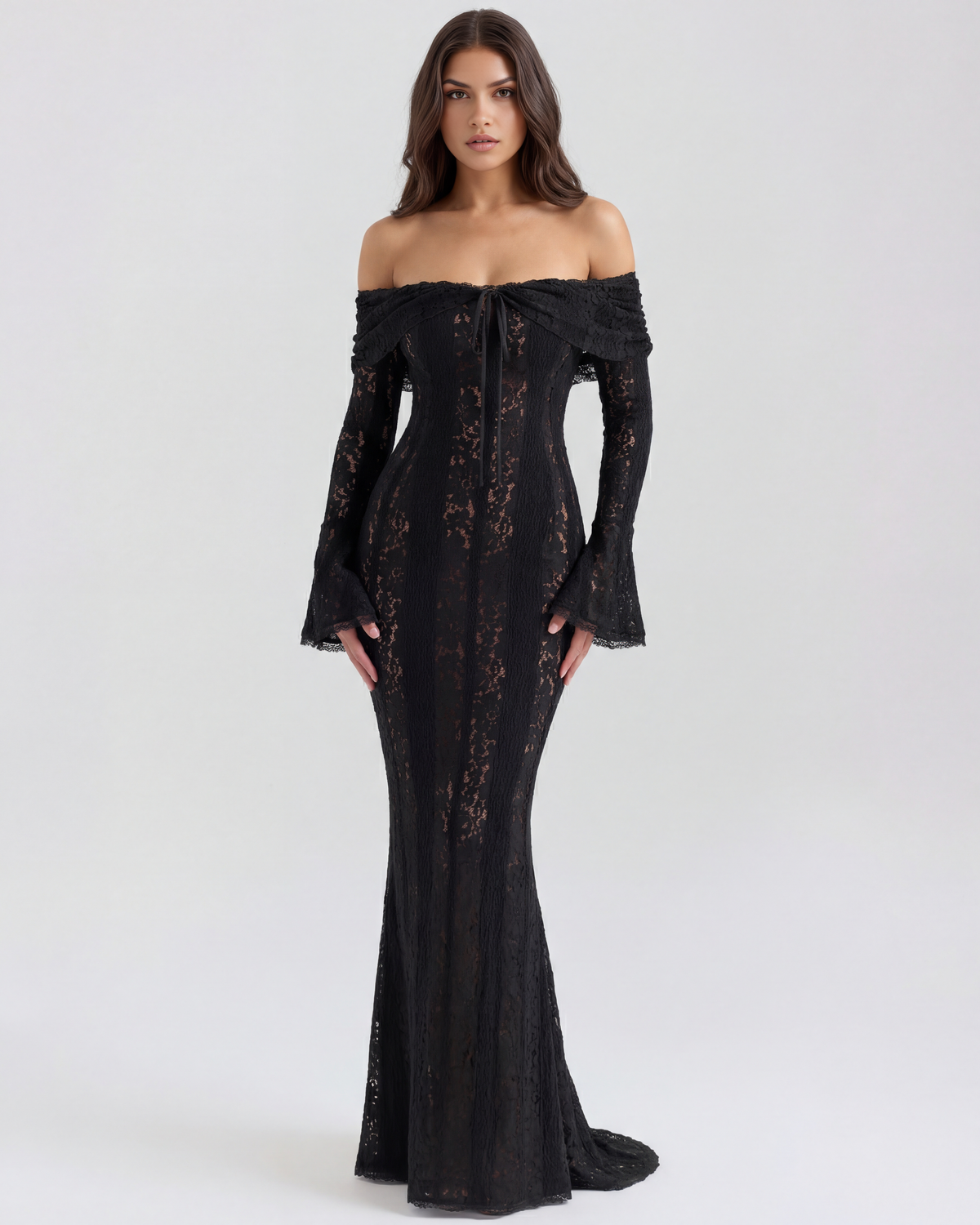 Lea | Damen Figurbetontes Off-Shoulder Maxi Hochzeitsgast Kleid