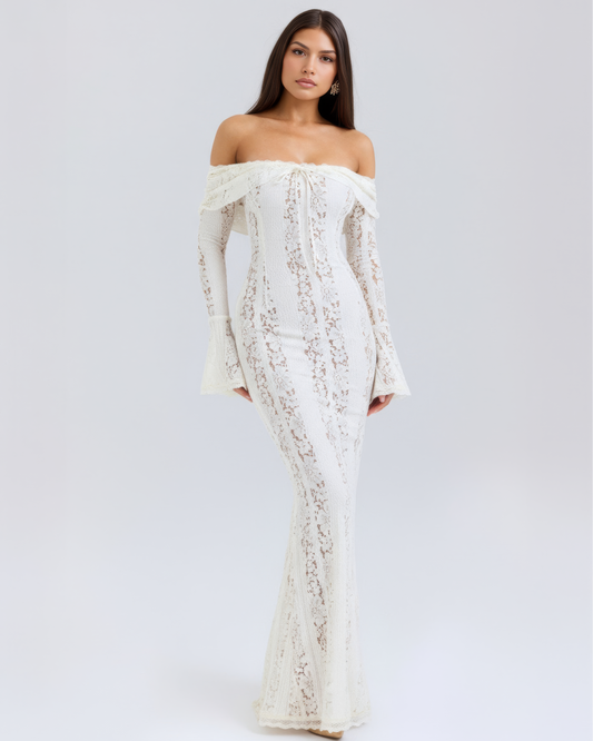Lea | Damen Figurbetontes Off-Shoulder Maxi Hochzeitsgast Kleid