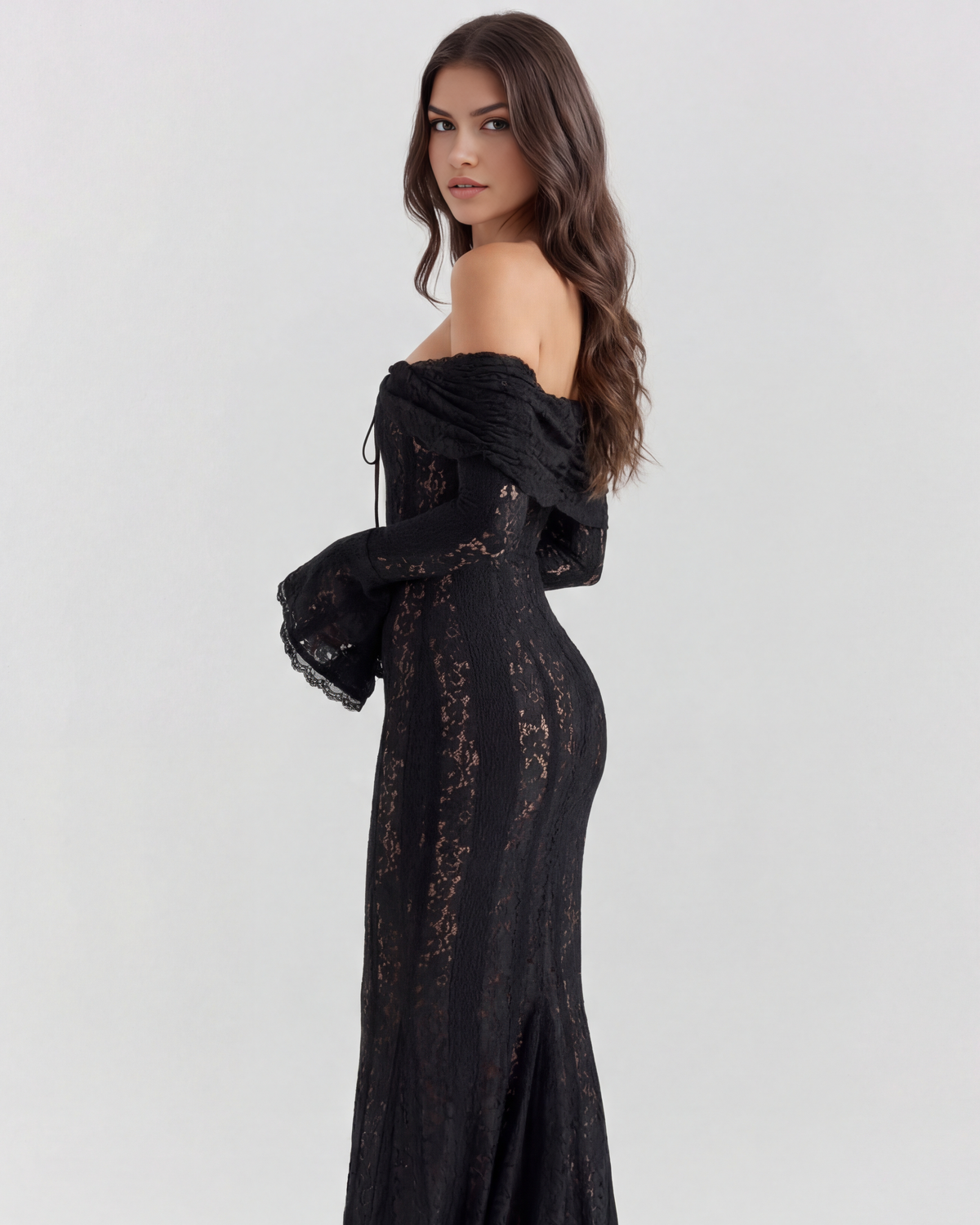 Lea | Damen Figurbetontes Off-Shoulder Maxi Hochzeitsgast Kleid