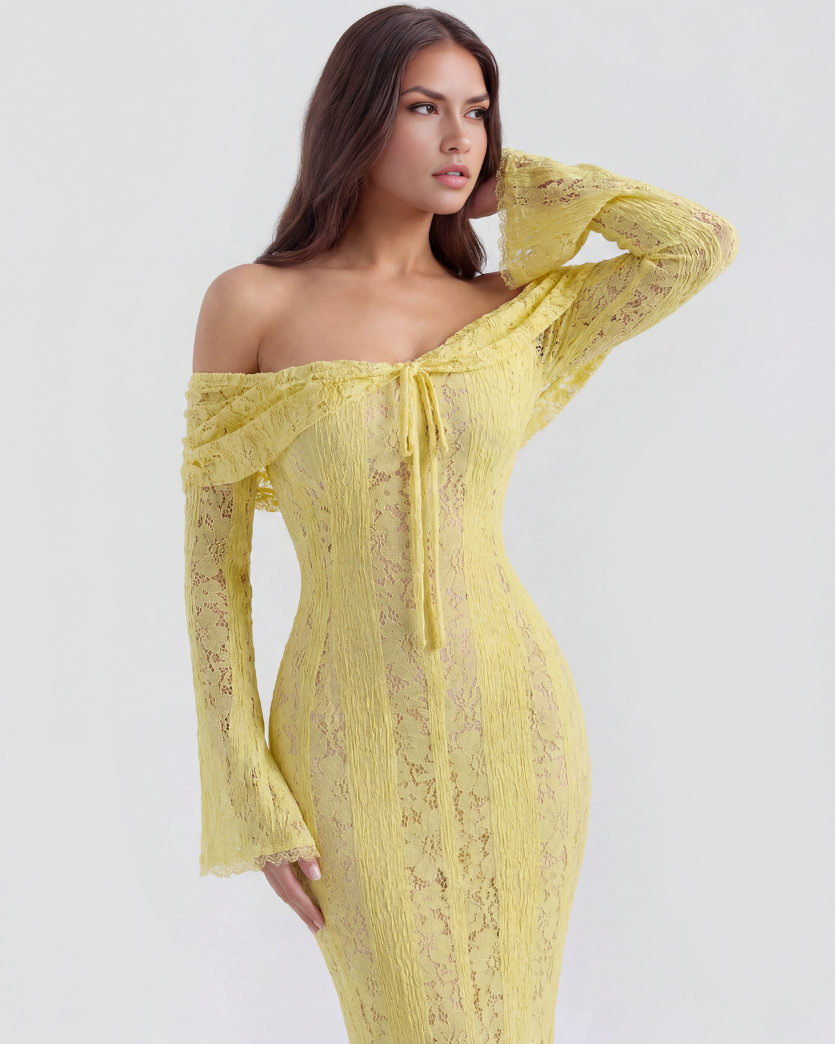 Lea | Damen Figurbetontes Off-Shoulder Maxi Hochzeitsgast Kleid