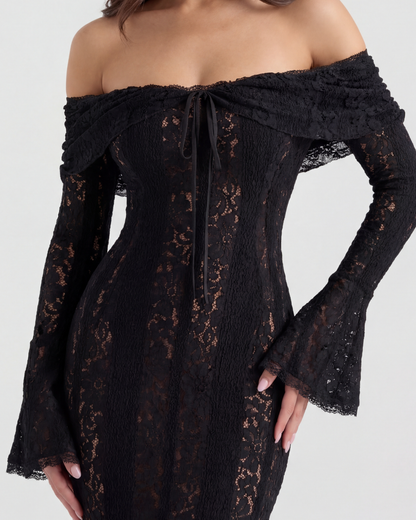 Lea | Damen Figurbetontes Off-Shoulder Maxi Hochzeitsgast Kleid