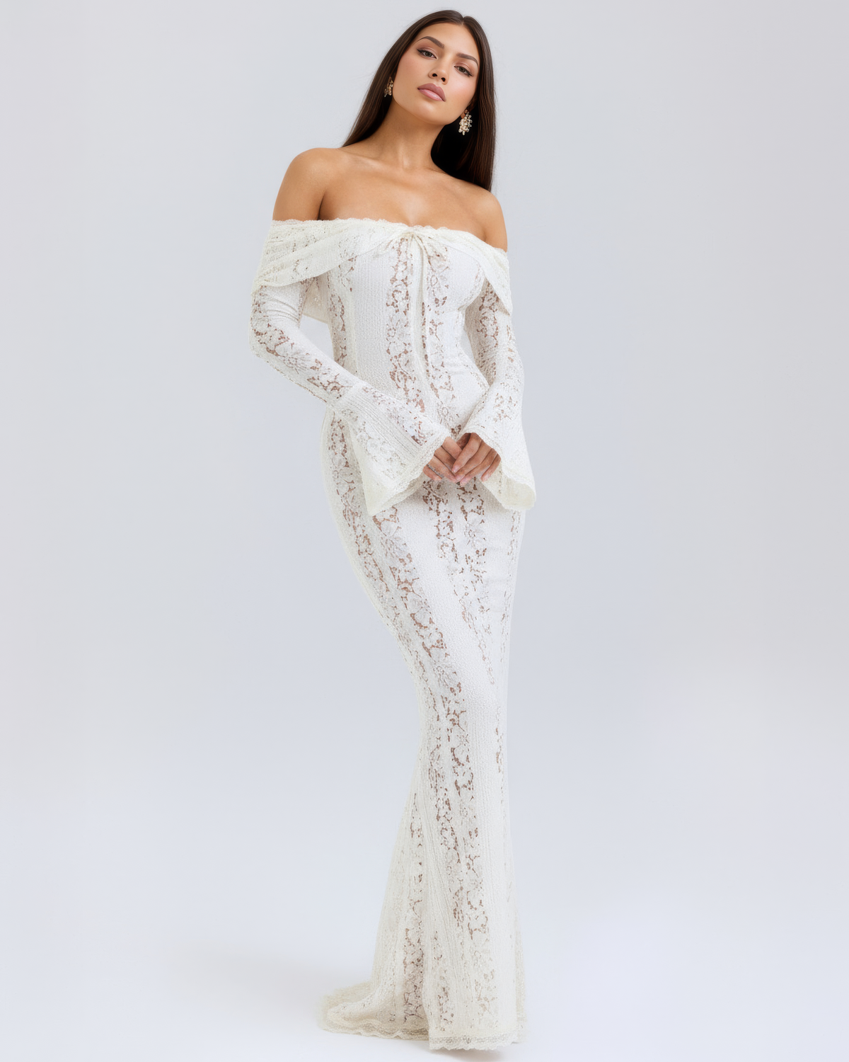 Lea | Damen Figurbetontes Off-Shoulder Maxi Hochzeitsgast Kleid