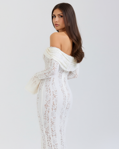 Lea | Damen Figurbetontes Off-Shoulder Maxi Hochzeitsgast Kleid