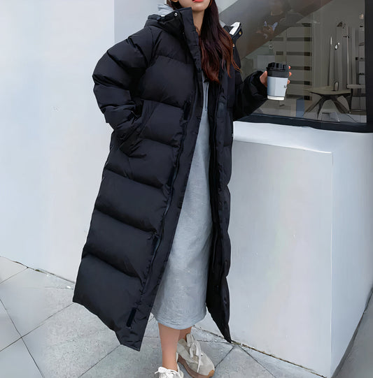 Mia | Damen Lange Gesteppte Steppjacke mit Kapuze