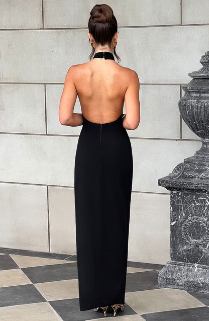 Monika | Damen Figurbetontes Rückenfreies Maxikleid mit Beinschlitz