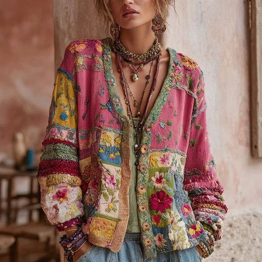 Nicole | Damen Farbenfrohes Patchwork-Strickjacke mit Floralmuster