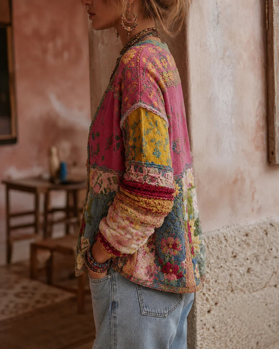 Nicole | Damen Farbenfrohes Patchwork-Strickjacke mit Floralmuster