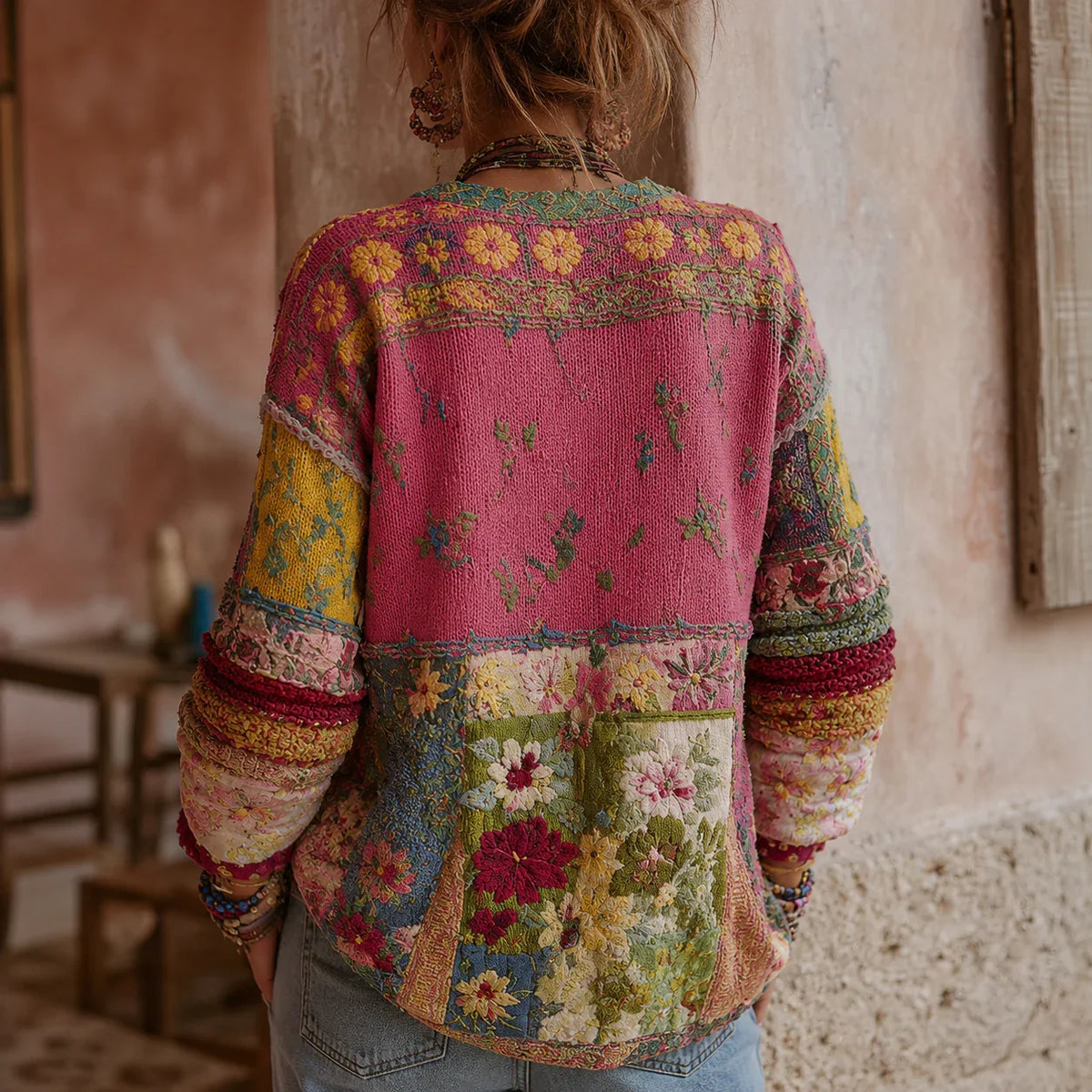 Nicole | Damen Farbenfrohes Patchwork-Strickjacke mit Floralmuster