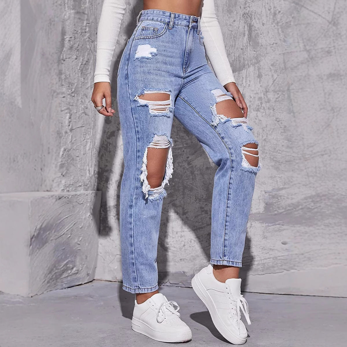Paula | Damen Hochgeschnittene Destroyed Jeans