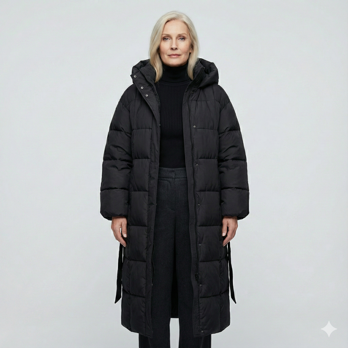Paula | Damen Langer Taillierter Steppmantel mit Kapuze