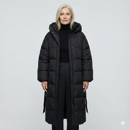 Paula | Damen Langer Taillierter Steppmantel mit Kapuze