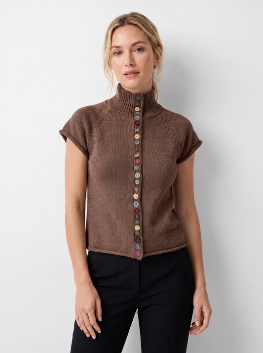 Rosa | Damen Kurzärmlige Strickjacke mit Stehkragen