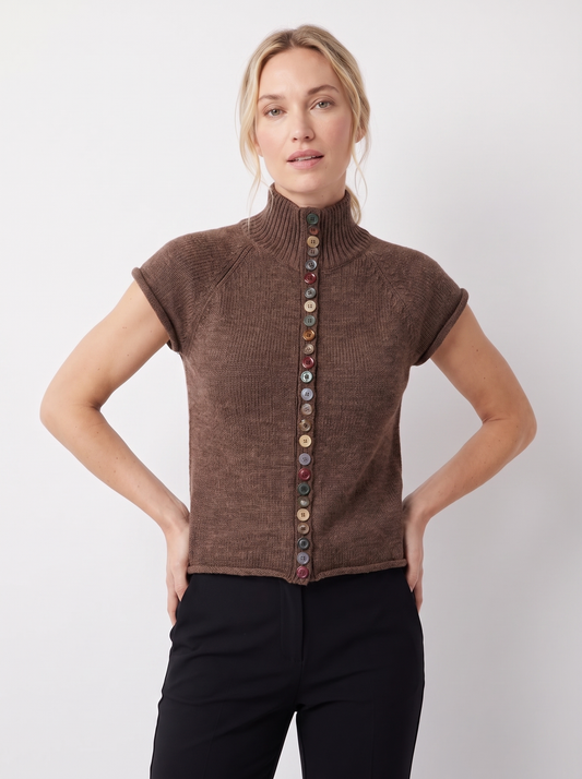 Rosa | Damen Kurzärmlige Strickjacke mit Stehkragen