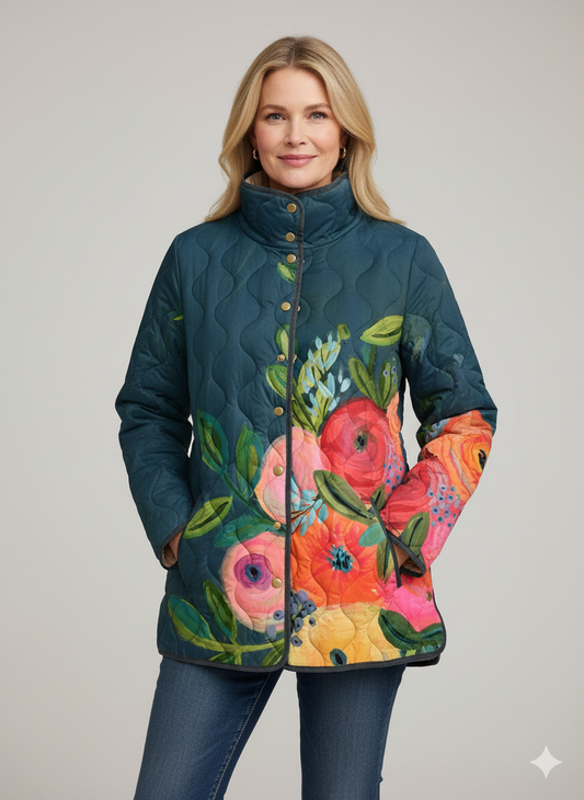 Sabine | Damen Gesteppte Wattierte Stehkragenjacke mit Blumenmuster