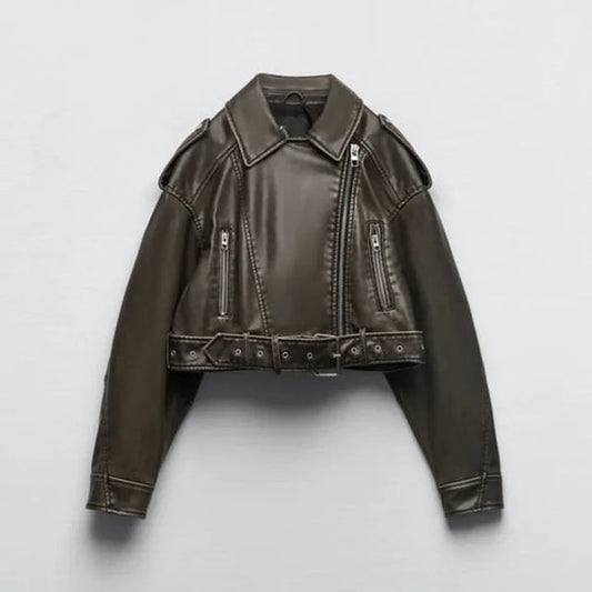 Damen Cropped Biker Lederjacke