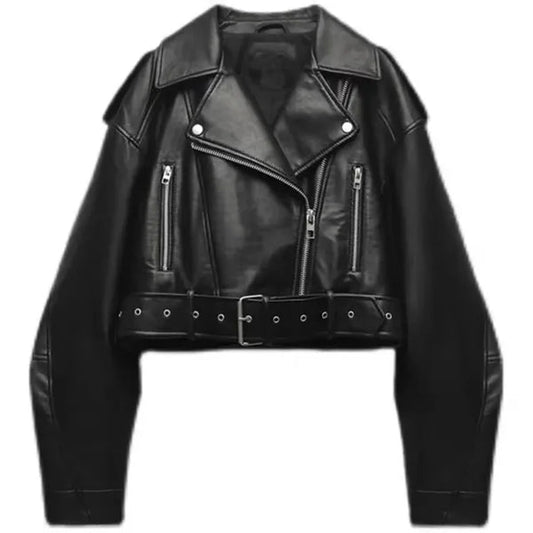Damen Cropped Biker Lederjacke
