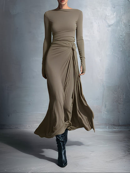 Laura | Damen Elegant Drapiertes Langarm Maxikleid