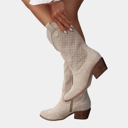 Valentina | Damen Perforierte Cowboystiefel mit Blockabsatz