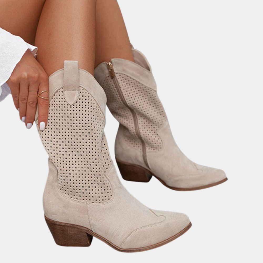 Valentina | Damen Perforierte Cowboystiefel mit Blockabsatz