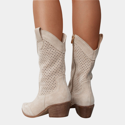 Valentina | Damen Perforierte Cowboystiefel mit Blockabsatz